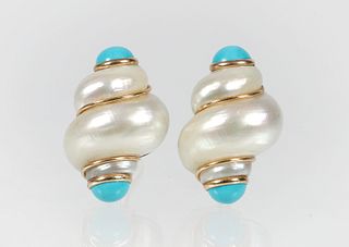 14K Mother of Pearl Turquoise Shell Earrings