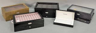 Five leather jewelry boxes including three Prestige alligator leather and one Gruen watch case. smallest: ht. 2in., lg. 9 3/4in., la...