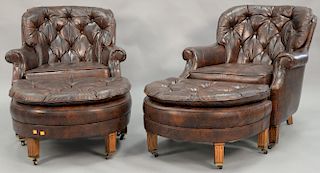 Pair of brown leather easy chairs and ottomans.
