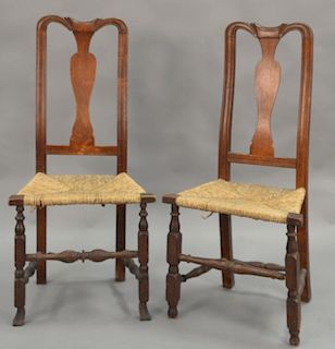 Two country Queen Anne side chairs, circa 1750.