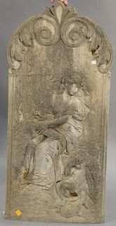 Limestone wall hanging with three dimensional woman and child, 19th century (slight crack not through). ht. 36in., wd. 16in.