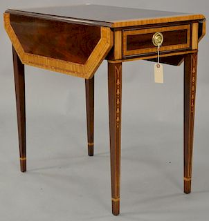 Council Federal style mahogany drop leaf table with inlaid panels, banding, and bell flowers. ht. 27 in., top closed: 17" x 27"