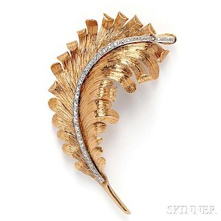 Retro 18kt Gold and Diamond Feather Brooch