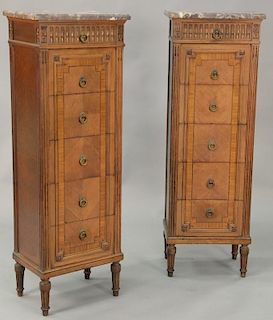 Pair of Louis XVI style loungerie chests with mauve marble tops. ht. 52in., top: 12" x 17 1/2"