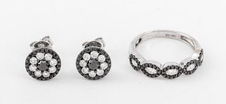18K Black & White Diamond Ring & Earrings Set