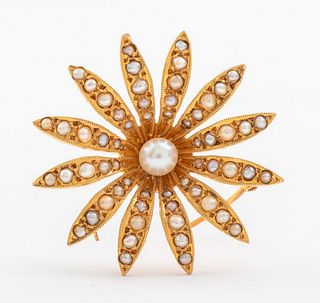 Antique 14K Gold Floral Brooch w Inset Pearls