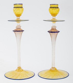 Venetian Art Glass Candlestick Holders, Pair