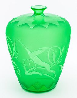 Art Deco Steuben Acid-Etched Green Glass Vase