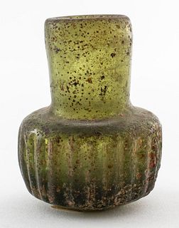 Ancient Roman Ribbed Green Glass Bottle