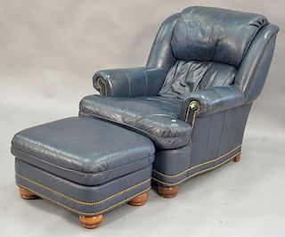 Hancock and Moore blue leather easy chair and ottoman.