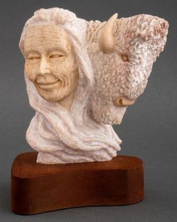 Kathy Whitman Woman and Buffalo Stone Sculpture