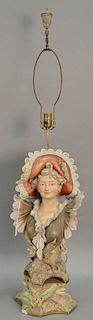Large Royal Dux porcelain bust of a young lady with lace edged hat and skirt with matching ceramic lamp base, shape #295 with triang...