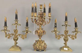 Three piece bronze candelabra group (ht. 20in.) and three busts of women (ht. 6 1/2in., 16 1/2in., & 11 1/2in.)