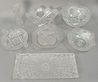 Eight cut glass pieces to include five bowls, tray (lg. 15 3/4in.),dome, and vase (ht. 7 1/2in.).