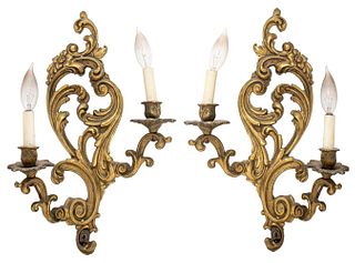 French Rococo Style Gilt Bronze Wall Sconces, Pair