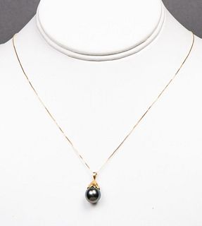 14K Yellow Gold 10mm Black Tahitian Pearl Necklace