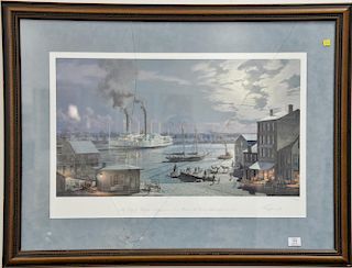 John Stobart 1929, "Hartford" "The City of Hartford Arriving from New York in 1870 at the Foot of State Street in 1870" sight size 2...