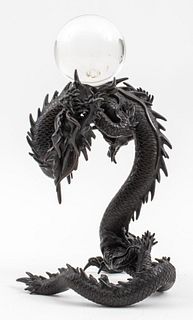 Japanese Bronze Dragon & Crystal Pearl Sculpture