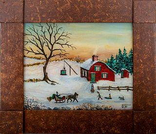 Milton Bond "Red House Winter" Reverse Painting