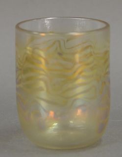 Set of eight art glass feather iridescent glasses, a couple signed minor? 90'. ht. 3 3/4in.