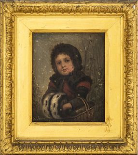 J. Lehrer Child in Wintertime Oil on Canvas