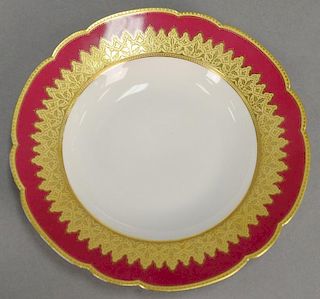 Set of six Haviland Limoges large porcelain bowls with red and gilt border, sold by Tiffany & Co. dia. 9in.