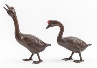 Meiji Style Bronze Goose Sculptures, Pair