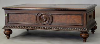 Ethan Allen coffee table with leather top (corner chip). ht. 19in., top: 31 1/2" x 50"
