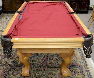 Oak carved pool table with slate top. ht. 32in.; top: 47 1/2" x 86 1/2"