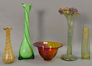 Five large art glass vases and bowls to include art glass bowls signed on bottom K Dahl? ht. 6in. to 18 1/4in.