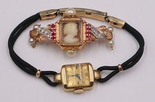JEWELRY. Gold Brooch and Watch Grouping.