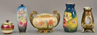 Five porcelain vases including two Royal Bonn with hand painted flowers, three Royal Vienna painted portrait vases, bud vase with th...
