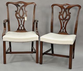 Set of six Grand Lodge mahogany Chippendale style chairs with white leather seats.