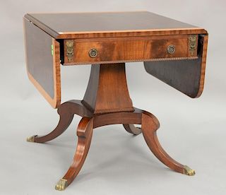 Mahogany drop leaf pedestal table with banded inlaid top and drawer. ht. 26in., top: 25" x 26"