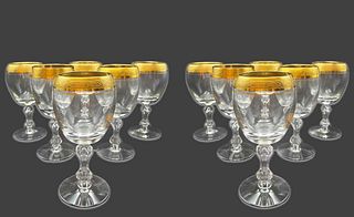 A Set Of Twelve 19th C. Westchester By Tiffin-Franciscan Gold Encrusted Band  Crystal Wine Glasses