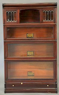 Globe Wernicke mahogany stacking bookcase with two leaded doors plus drawer in base. ht. 58in., wd. 34in., dp. 11in.