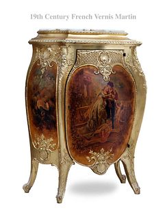 19th C. French Louis XV Gold Gilt Wood Vernis Martin Curved Cabinet
