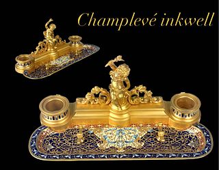 19th Century French Champleve Enameled Bronze Inkwell