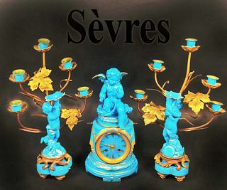 19th C. French Sevres Blue Porcelain Bronze Figural Clock Set