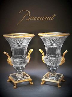 A Pair Of Large Late 19th C. French Baccarat Crystal Bronze Vases