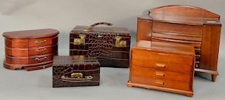 Five jewelry boxes including two alligatored leather by "Shortrip", two small wood boxes and custom large box with fitted interior. ...
