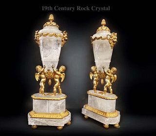 A Pair Of 19th C. Figural Gilt Bronze-Mounted Rock Crystal Urns