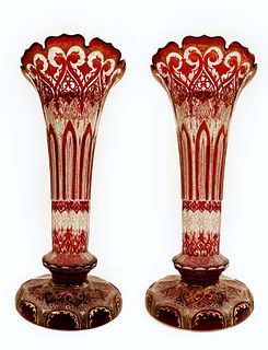 A Pair Of 19th C. Bohemian Cranberry Glass Vases
