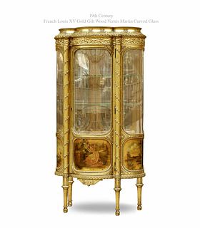 19th C. Louis XV Gold Gilt Wood Vernis Martin Curved Glass Vitrine Cabinet