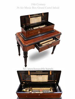 A Fine 19th C. Playing 36 Airs Interchangeable 6 Cylinders Cartel Inlaid Music Box Table