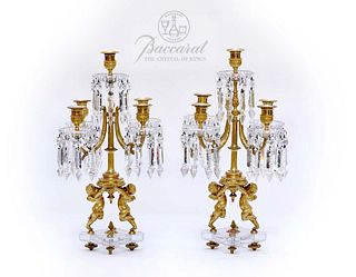 A Pair Of 19th C. French Baccarat Crystal 5 Arms Figural Dore Bronze Candelabras