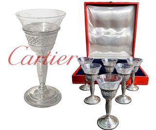 A Cartier Full Set Of Crystal & Sterling Silver Cordial Glasses, Hallmarked, Boxed