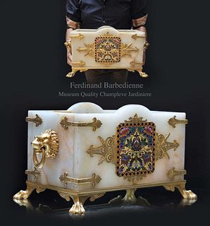 A Large Museum Quality 19th Century F. Barbedienne Champleve Bronze Onyx Jardiniere/Centerpiece