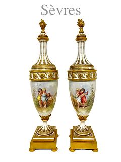 A Pair Of 19th C. French Sevres Hand Painted Porcelain Bronze Lidded Vases