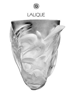 The Swallows, A French Lalique Martinets Frosted Crystal Vase, Signed
